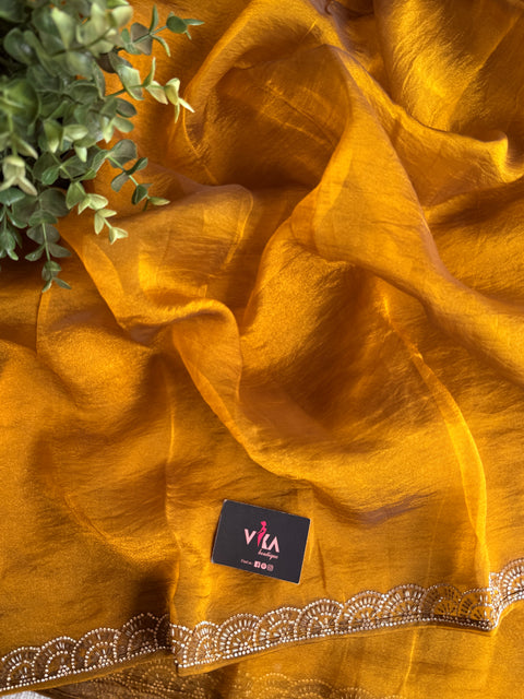 Golden tissue Designer plain saree with blouse