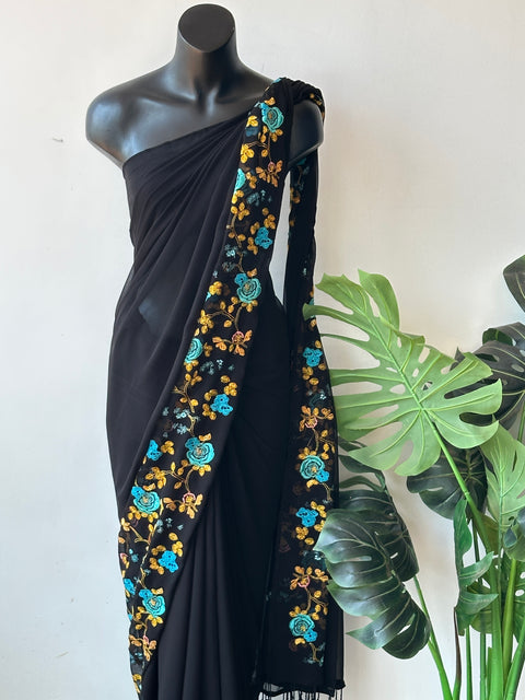 Floral emb Black georgette saree