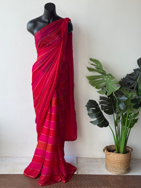 Pink and Red striped printed georgette saree