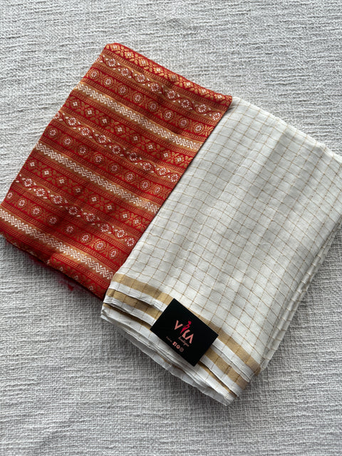 White checked satin crepe silk saree with Banaras blouse