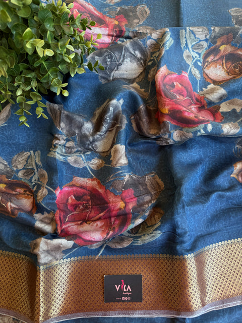 Vintage floral printed zari border saree