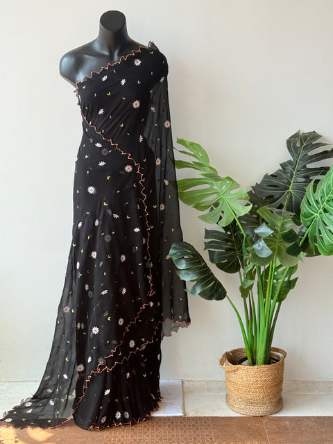 Black floral emb georgette saree