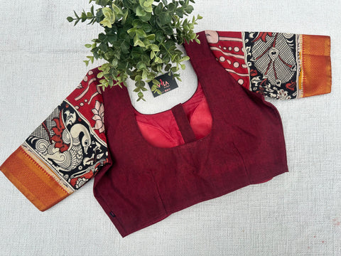 Pen kalamkari sleeves maroon blouse