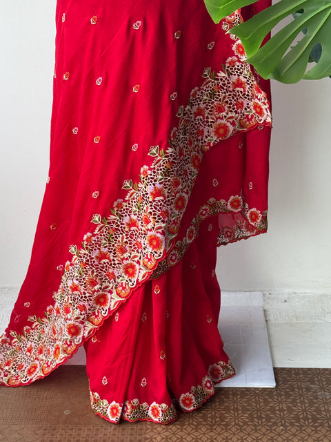 Red cut work emb vichitra saree