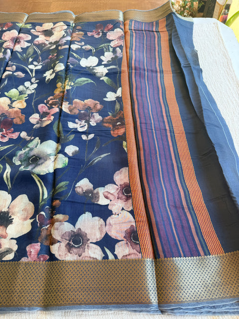 Vintage floral printed zari border saree