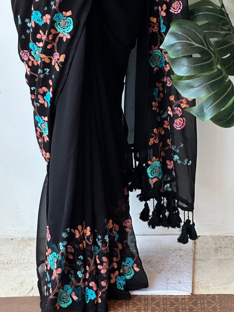 Floral emb Black georgette saree