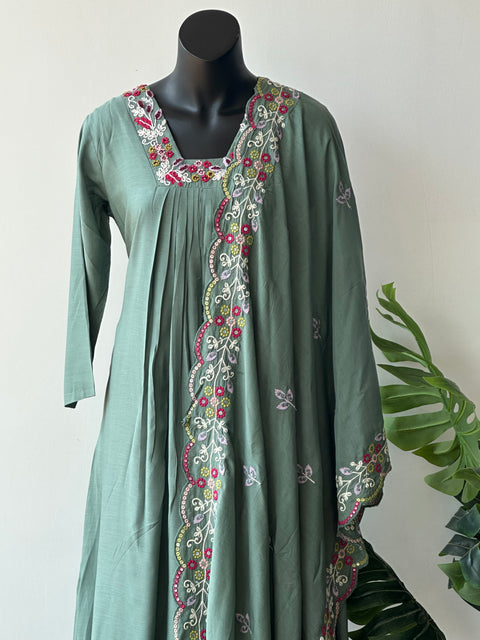 Sage green emb muslin kurti pant set