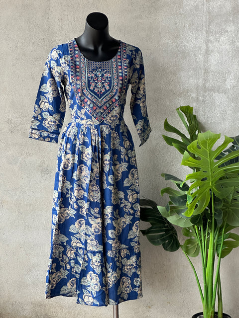 Neck emb Floral printed Rayon Gown