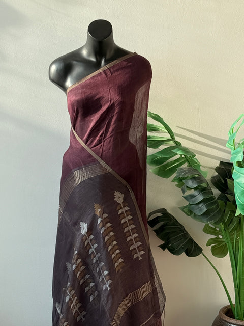 Brownish wine pure silk linen saree