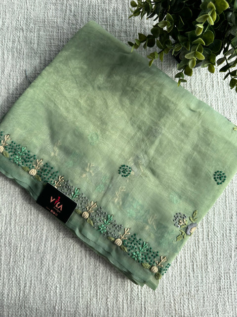 Pastel colour Hand Embroidery tissue saree