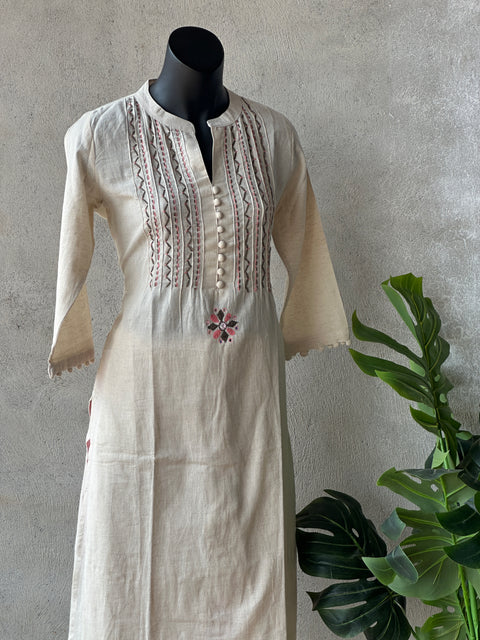 Mandarin collar emb cotton kurti pant