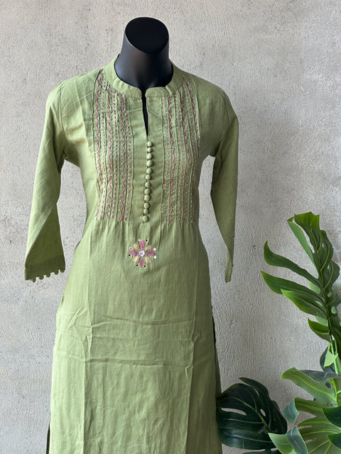 Mandarin collar emb cotton kurti pant