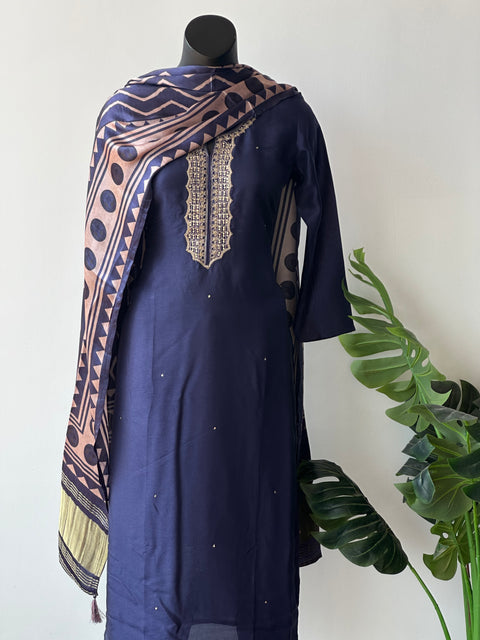 Navy blue russian silk kurti pant set