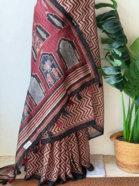Zigzag Printed linen cotton saree