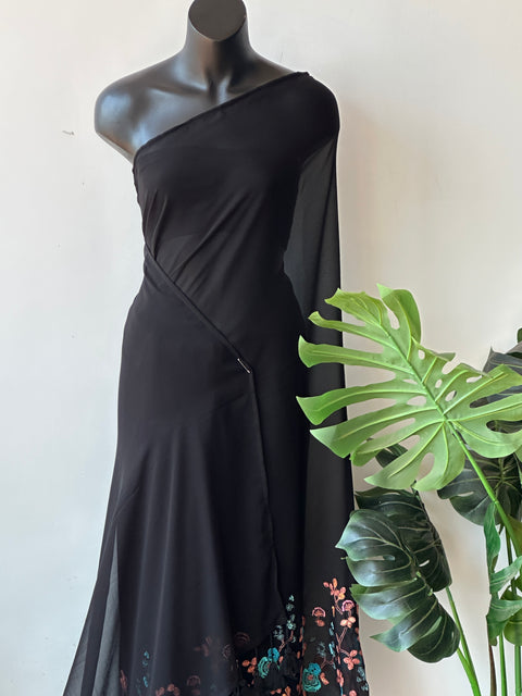 Floral emb Black georgette saree