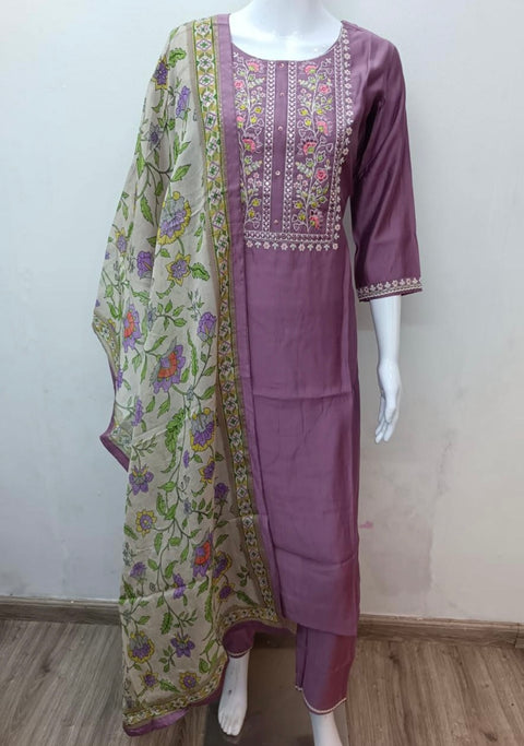 Neck embroidery Roman silk suit set