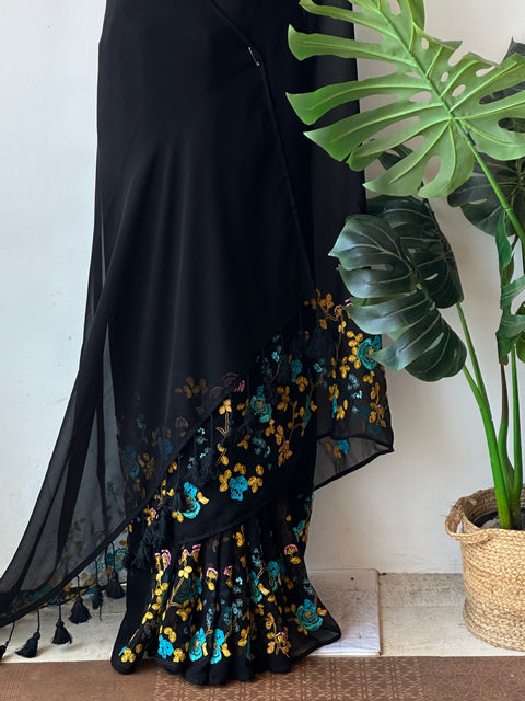 Floral emb Black georgette saree