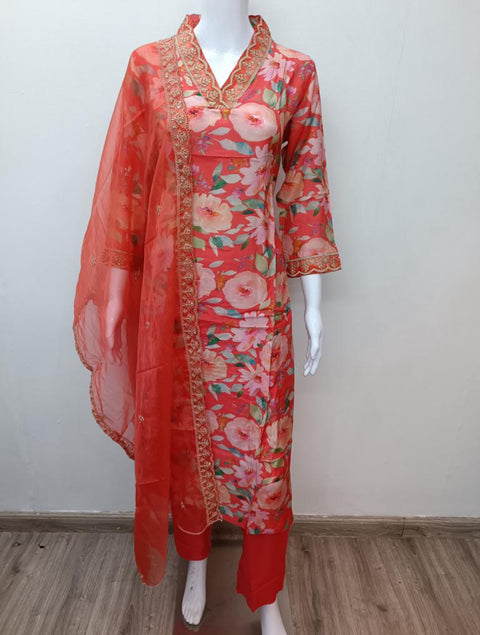 V neck printed muslin ready suit set