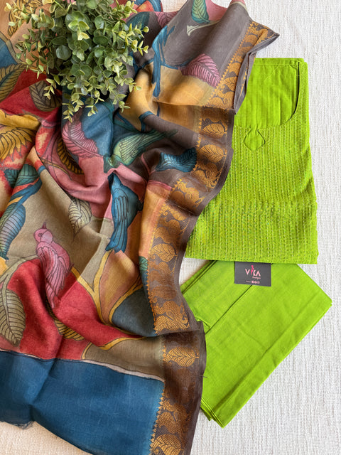 Silk cotton suit material with Pen kalamkari silk Dupatta