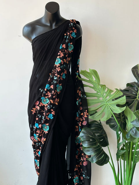 Floral emb Black georgette saree