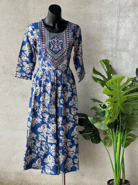 Neck emb Floral printed Rayon Gown