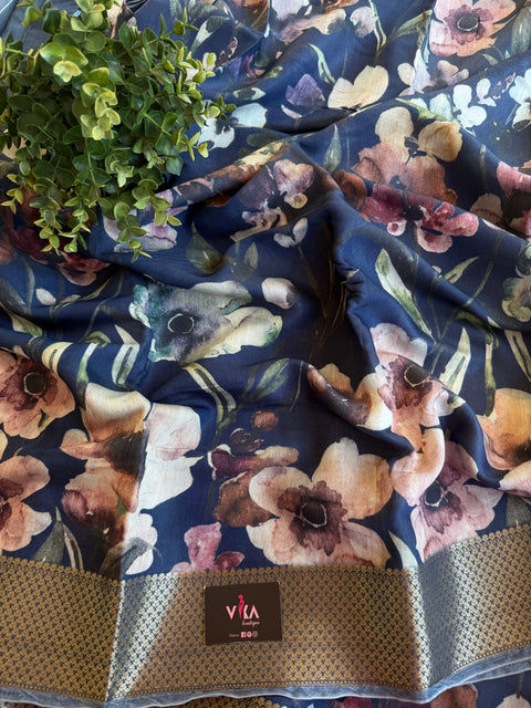 Vintage floral printed zari border saree
