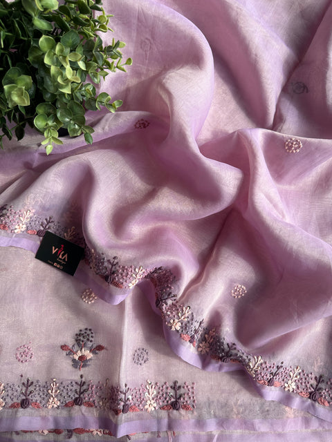 Pastel colour Hand Embroidery tissue saree