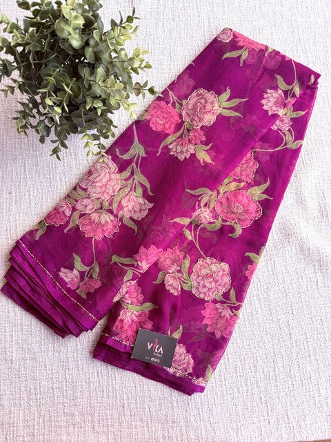 Cut dhaana work Floral printed chiffon saree