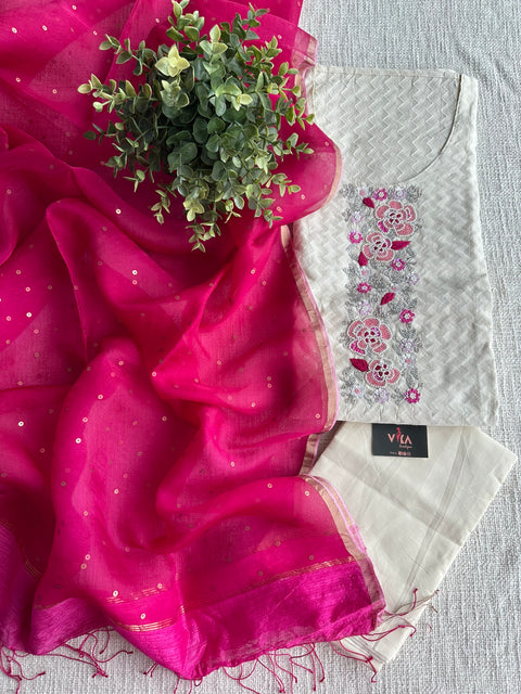 White and pink tissue dupatta suit set