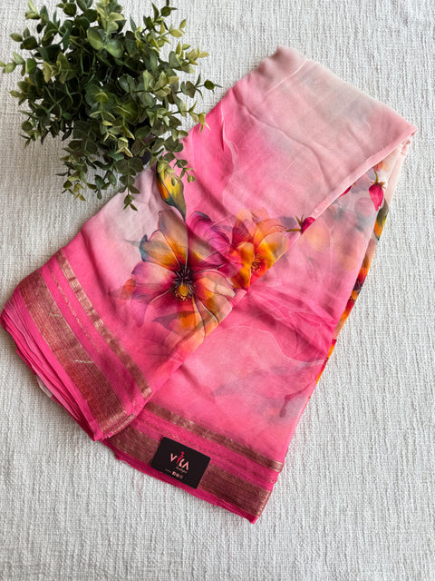 Zari border pure chiffon saree - Shaded Pink
