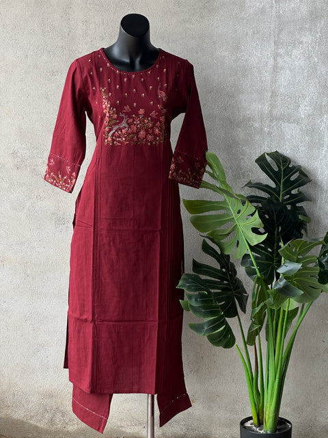 Maroon emb kurti pant