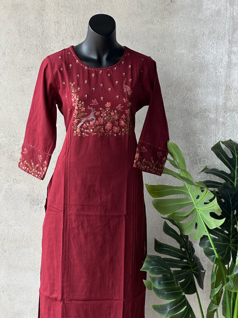 Maroon emb kurti pant