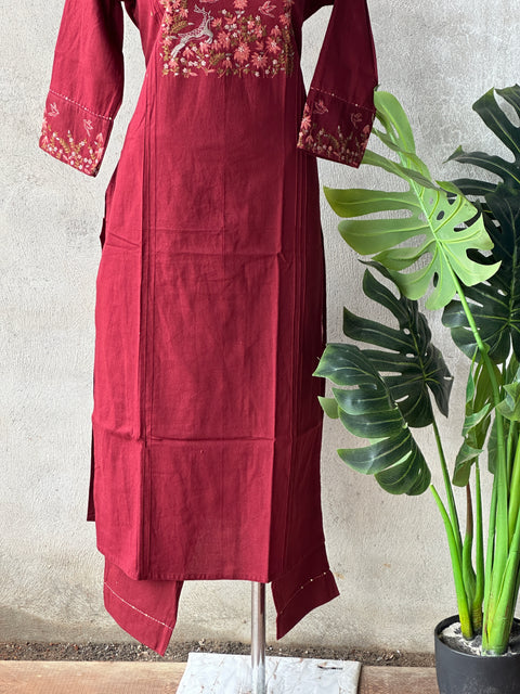 Maroon emb kurti pant