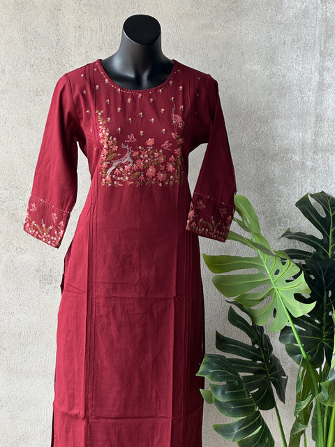 Maroon emb kurti pant