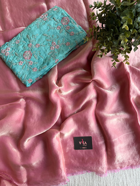 Baby pink shiny tissue organza saree