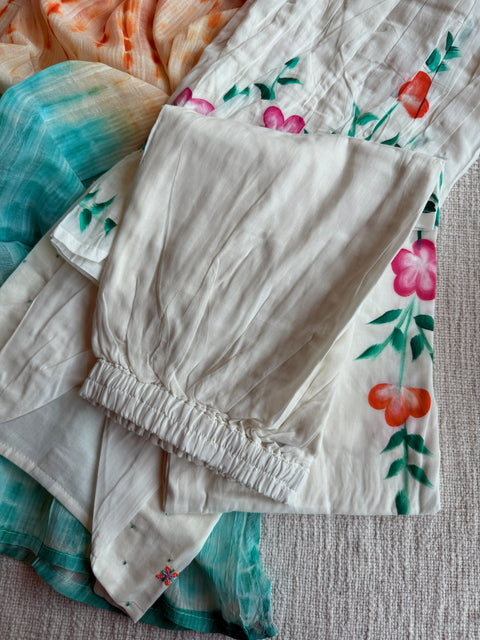 White-Turquoise Mul Cotton Ready kurti pant set