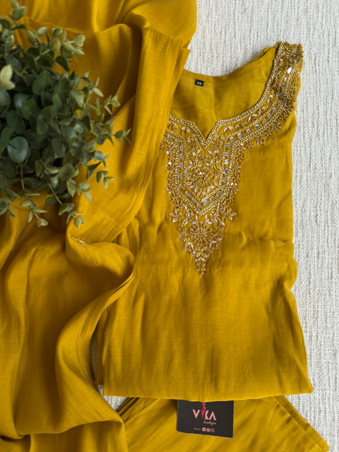 Embroidery mul chanderi kurta pant set