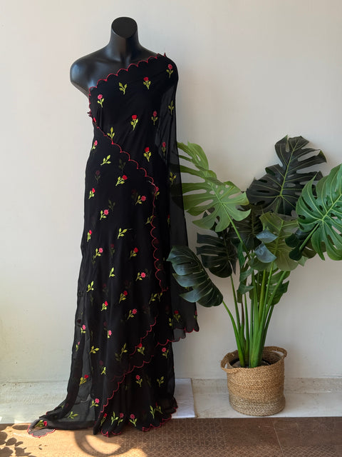 Black Floral emb georgette saree