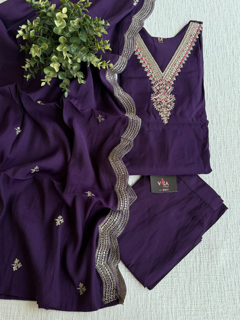 V neck emb roman silk kurta pant set