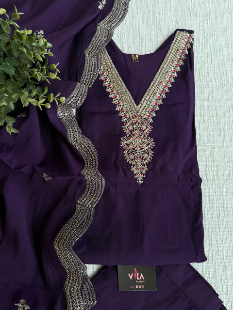 V neck emb roman silk kurta pant set