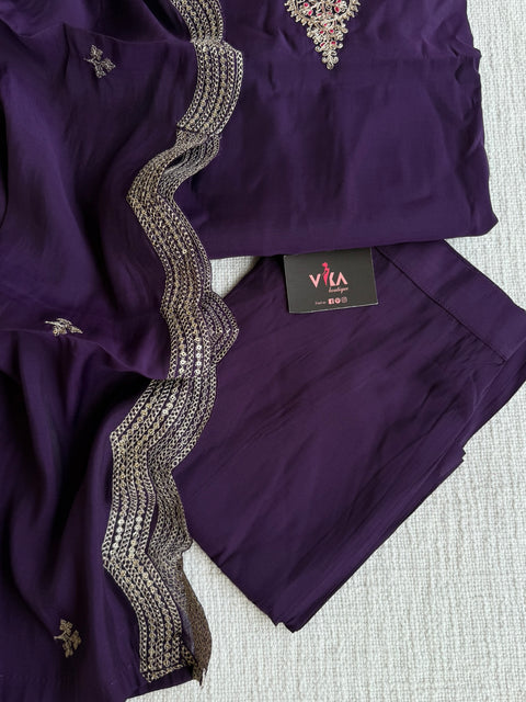 V neck emb roman silk kurta pant set