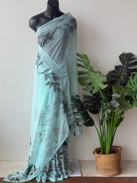 Sky Blue bird emb georgette saree