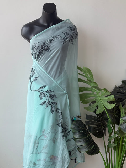 Sky Blue bird emb georgette saree