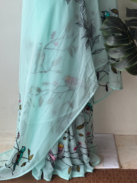 Sky Blue bird emb georgette saree