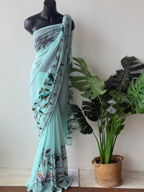 Sky Blue bird emb georgette saree