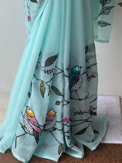 Sky Blue bird emb georgette saree