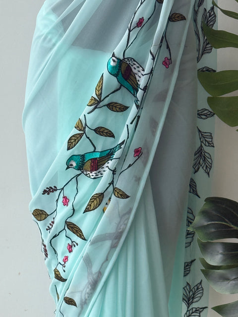 Sky Blue bird emb georgette saree