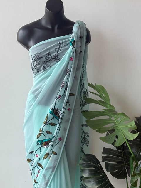 Sky Blue bird emb georgette saree