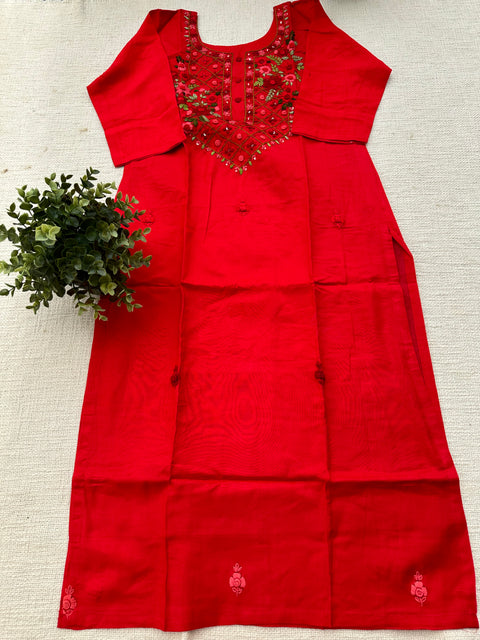 Hand emb red cotton kurti