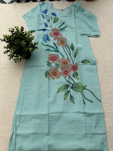 Hand painted flex cotton kurti with dupatta